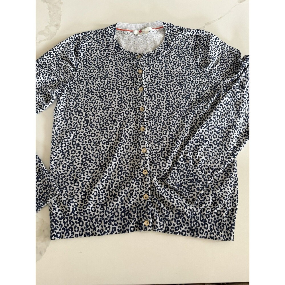Boden Womens Blue Grey Leopard Print Cotton Blend Cardigan Sweater Size M